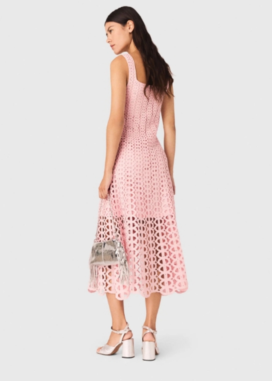 💖Maje Pink Crochet Sleeveless Midi Dress Square Neck Cutout Lace - Picture 2 of 9